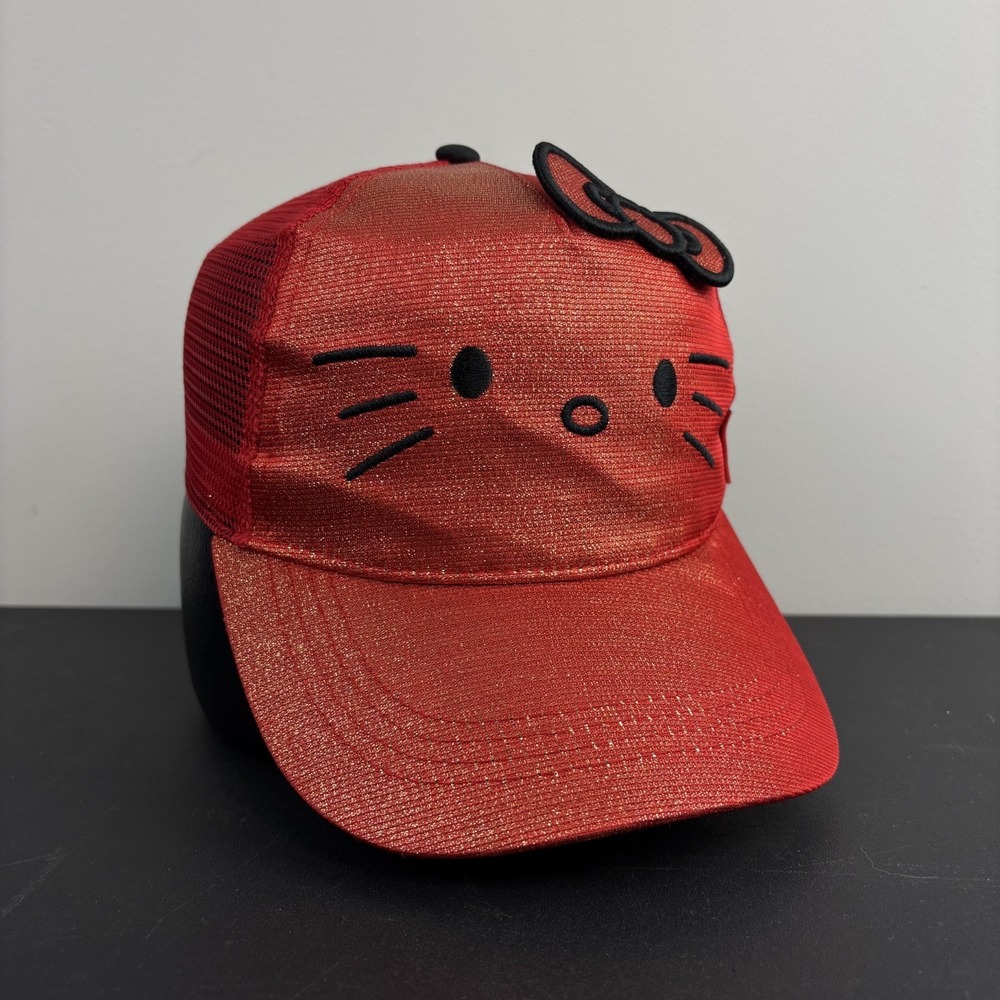 Hello Kitty Sanrio Red Glitter Shimmer Hat Mesh Bow Cap Snapback Adjustable